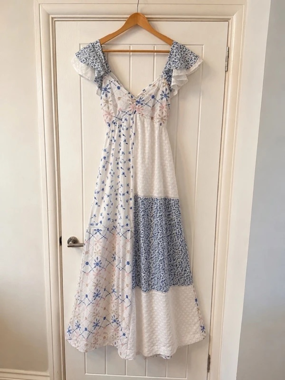 Blue and White Patchwork Maxi Dress with Flutter Shoulders